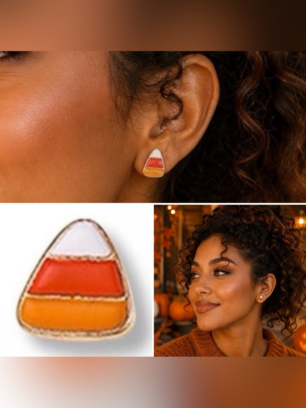 3/$15 Halloween Candy Corn Earrings Gold Metal and Orange Yellow White Enamel